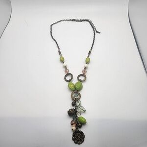 A Line Bronze Tone, Green, Pink, & Cream Beaded Cleavage Drop Necklace
